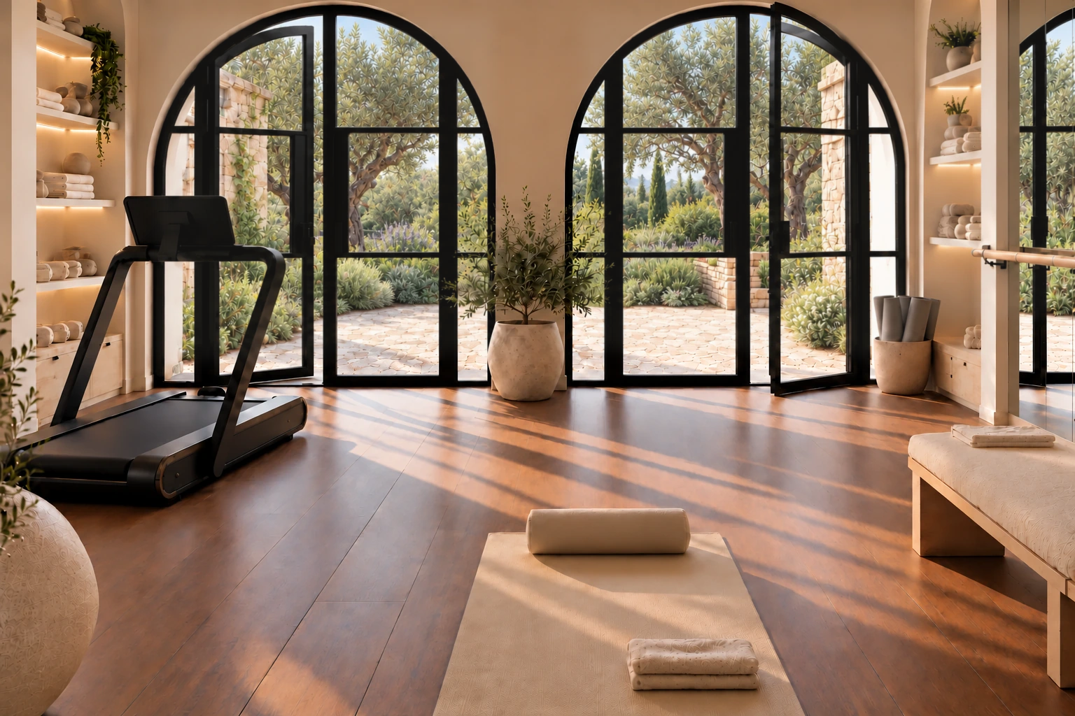 Private home gym with arched doorway, wood floor and olive tree