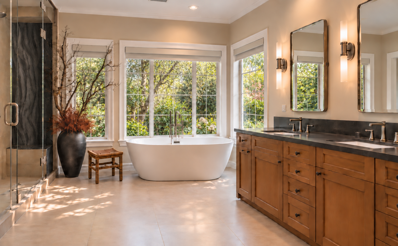 Sunlit bathroom with wood vanity, white bathtub and dark wavy stone shower