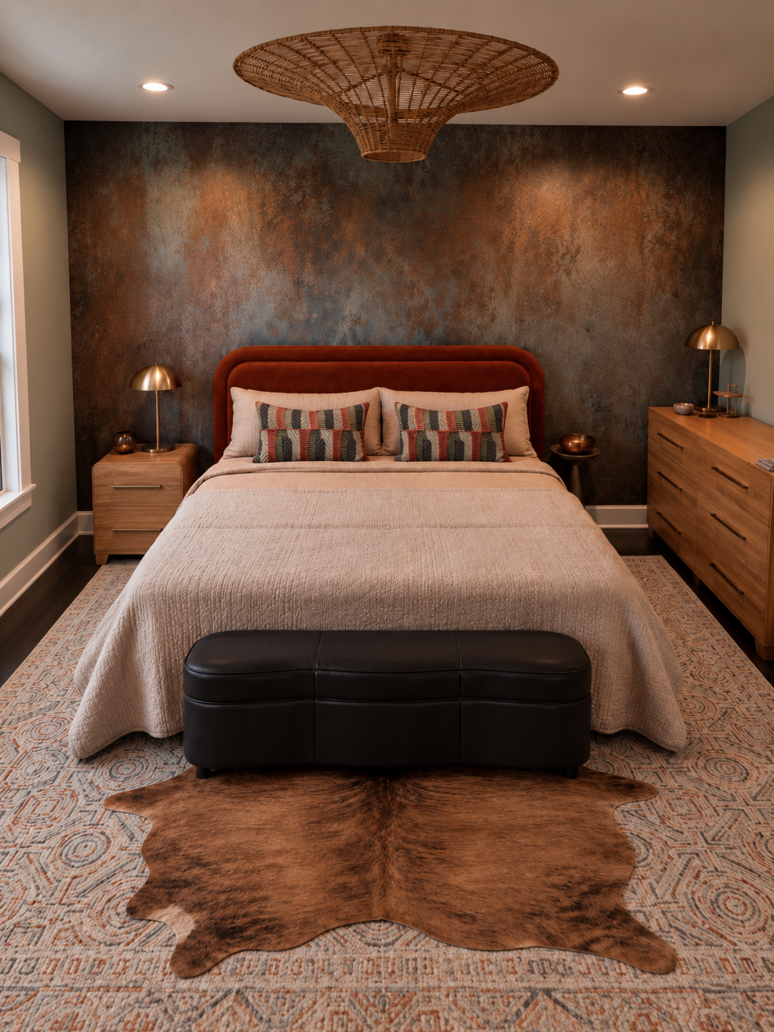 Burnished rust upholstered bed with ivory linen and woven terracotta, sage, blue-gray and ivory accent pillows, black bench, brown cowhide and woven ceiling light