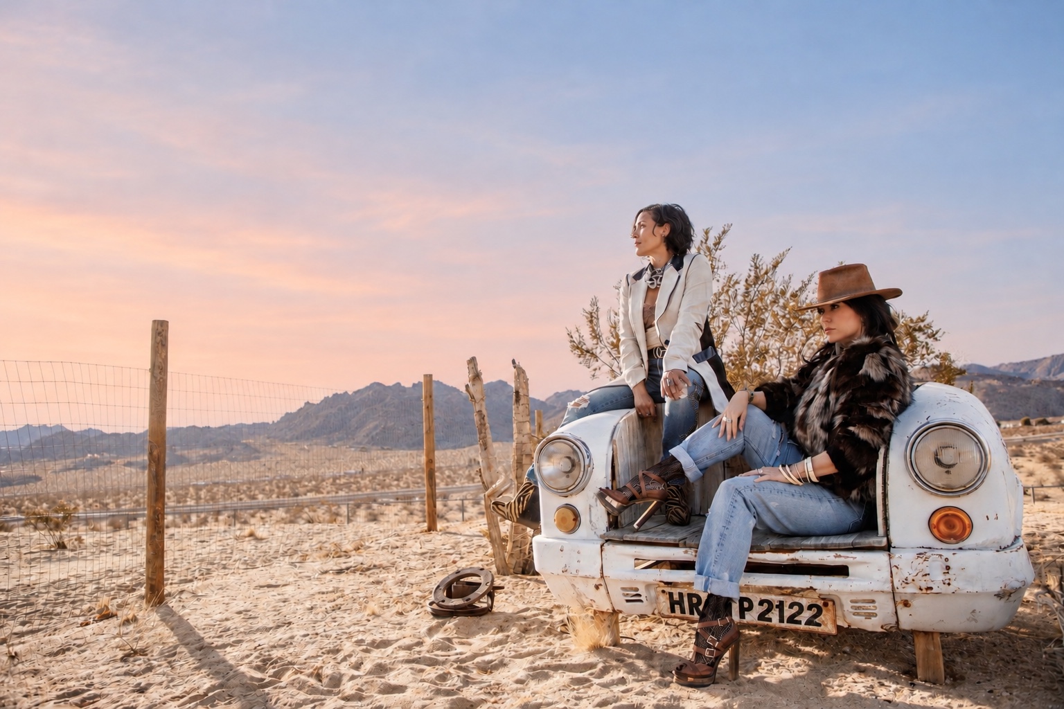 Amber and Maritess together beneath a pink desert sky